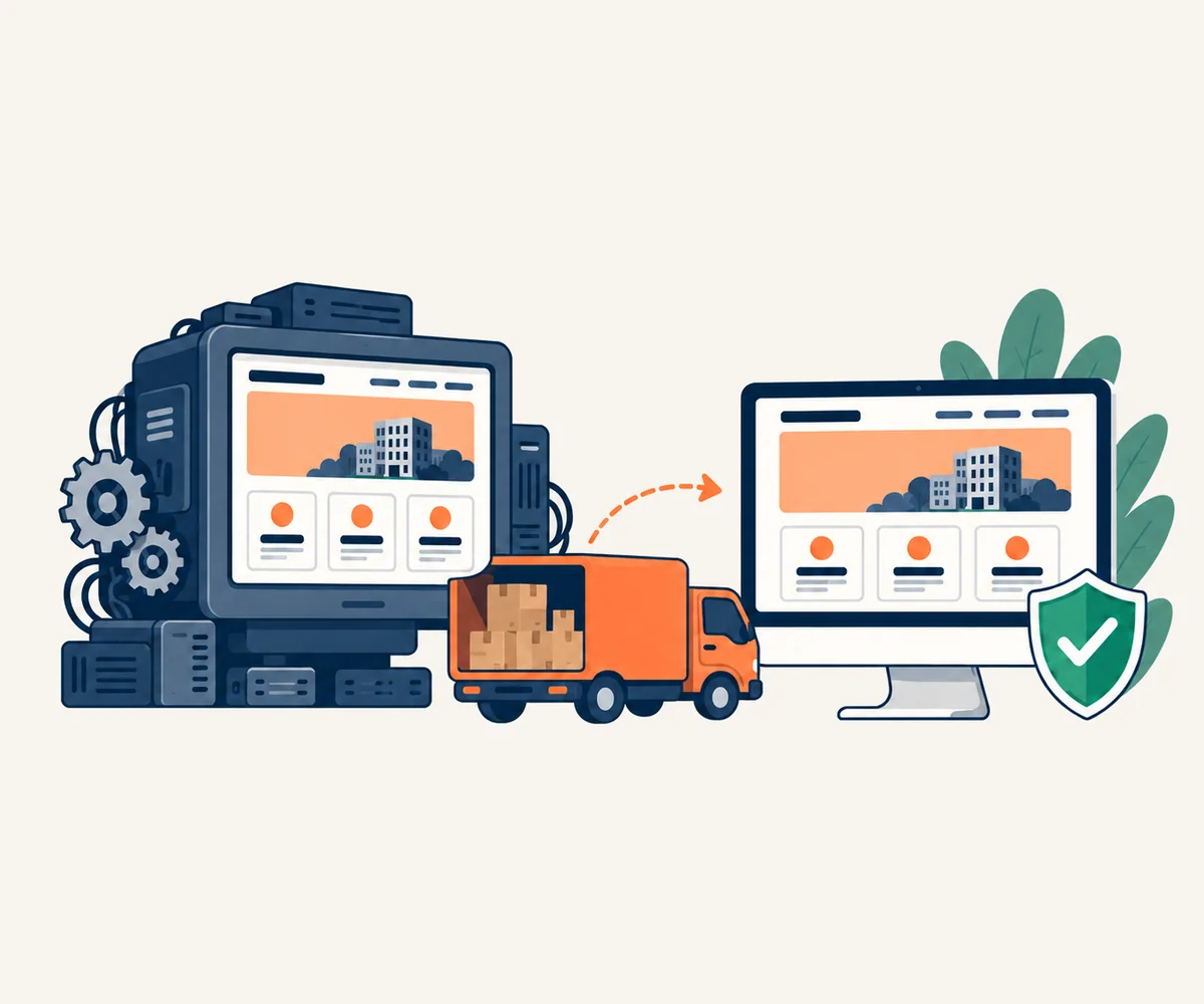 重たいサーバーから、同じ見た目の軽いサイトへ、段ボールを積んだトラックが運ぶイラスト